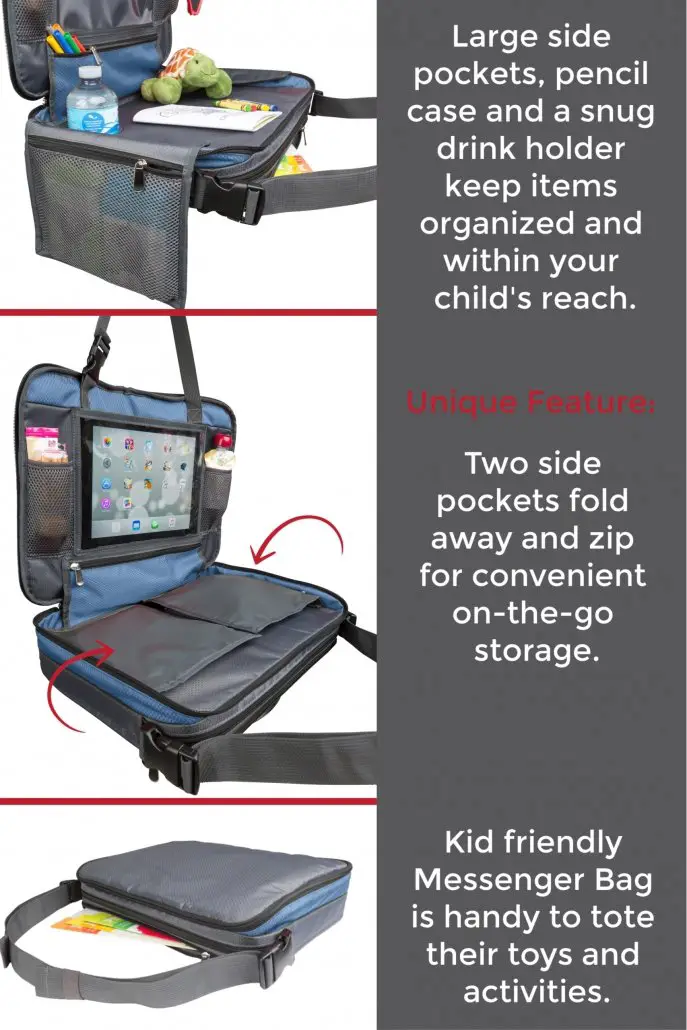 kids car seat travel tray with fold in side pockets